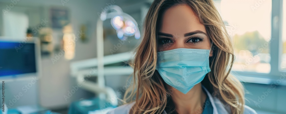 Focused young female dentist wearing a face mask in a bright clinic. Free copy space for text. Focused young female dentist wearing a face mask in a bright clinic. Free copy space for text.