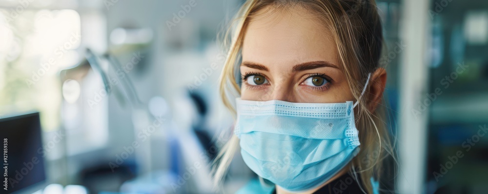 Focused young female dentist wearing a face mask in a bright clinic. Free copy space for text. Focused young female dentist wearing a face mask in a bright clinic. Free copy space for text.