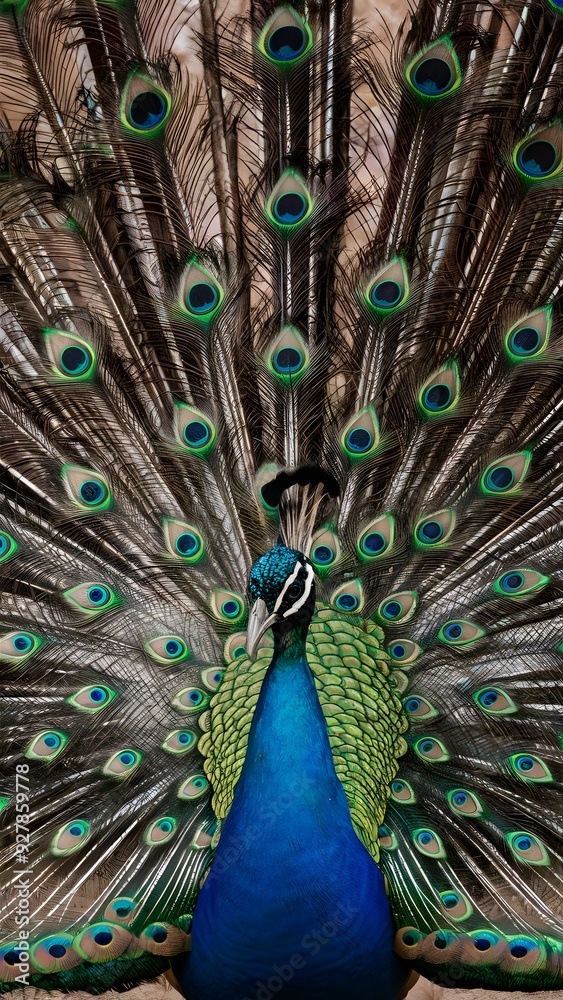 Obraz premium Congo Peafowl Bird with Open Fan Tail, Realistic Photo, Wallpaper, Cover and Screen for Smartphone, Cell Phone, Computer, Laptop