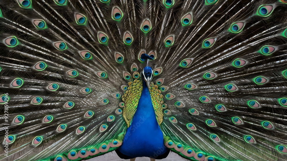 Obraz premium Congo Peafowl Bird with Open Fan Tail, Realistic Photo, Wallpaper, Cover and Screen for Smartphone, Cell Phone, Computer, Laptop
