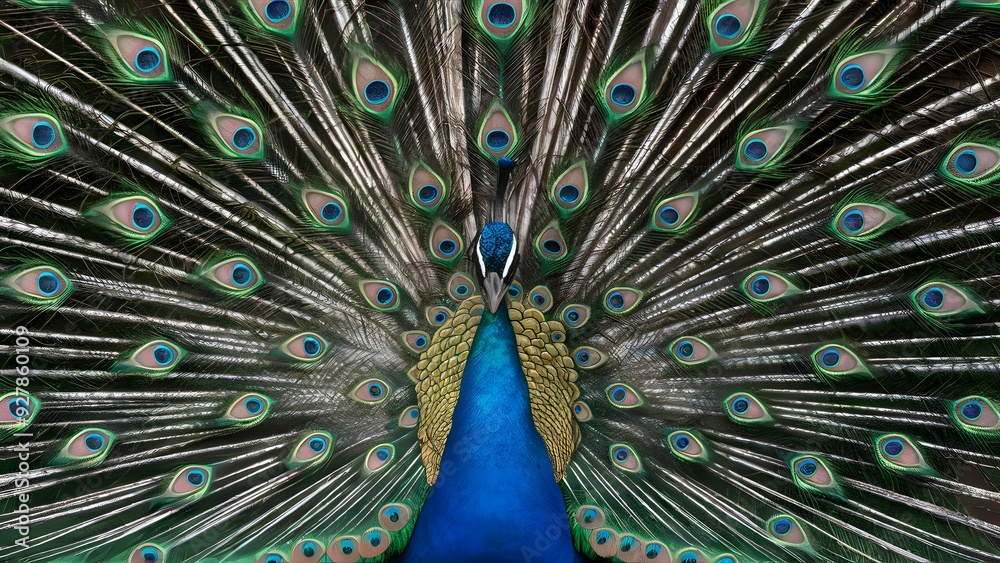 Obraz premium Congo Peafowl Bird with Open Fan Tail, Realistic Photo, Wallpaper, Cover and Screen for Smartphone, Cell Phone, Computer, Laptop