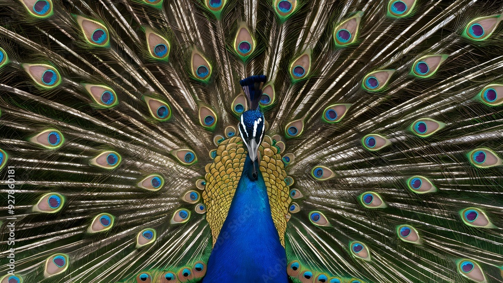 Fototapeta premium Congo Peafowl Bird with Open Fan Tail, Realistic Photo, Wallpaper, Cover and Screen for Smartphone, Cell Phone, Computer, Laptop