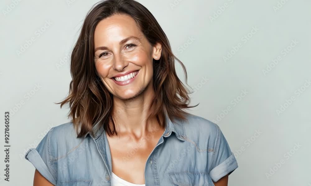 Portrait of a smiling middle-aged woman in a denim shirt Portrait of a smiling middle-aged woman in a denim shirt