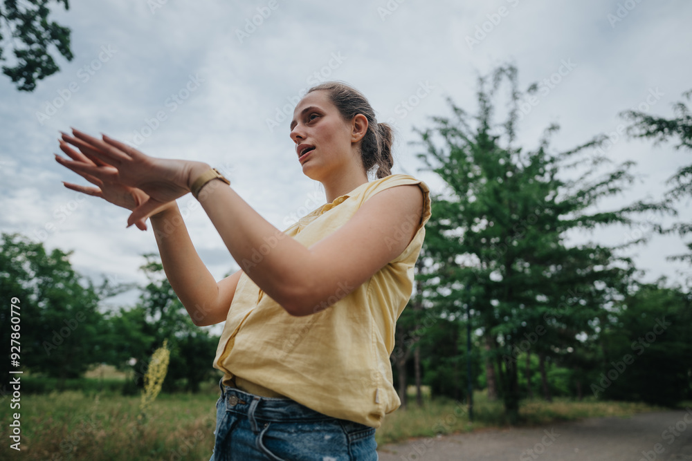 Young woman in a park gesturing with hands, engaging in an outdoor conversation on a warm summer day. Young woman in a park gesturing with hands, engaging in an outdoor conversation on a warm summer day.
