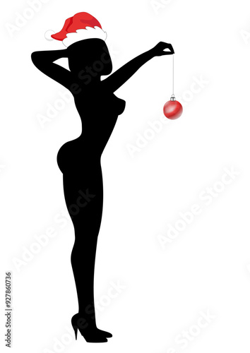 sexy woman silhouette wearing santa claus hat and holding christmas ball vector isolated 
