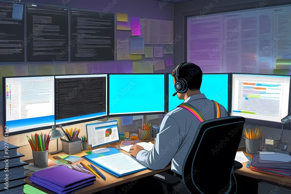 Illustration of a man working at his desk in a computer room Illustration of a man working at his desk in a computer room