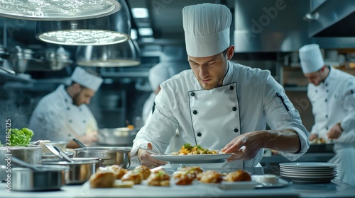 Chef plating a delicious dish in a busy kitchen, with steam rising and pans sizzling, showcasing artistry and dedication.