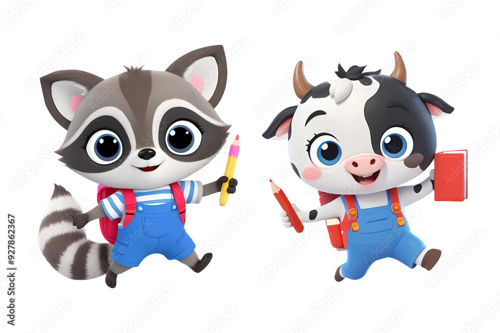3d rendering cute cow and raccoon cartoon characters wearing overalls and holding book and pencil isolated on transparent background, PNG file add 3d rendering cute cow and raccoon cartoon characters wearing overalls and holding book and pencil isolated on transparent background, PNG file add