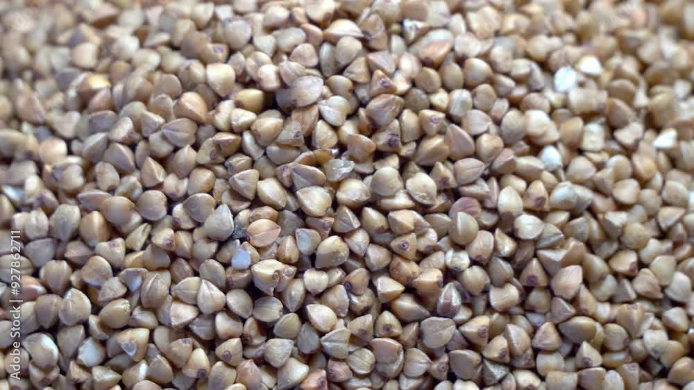 A close-up video of numerous buckwheat groats, showcasing their triangular shape and light brown color. A close-up video of numerous buckwheat groats, showcasing their triangular shape and light brown color.