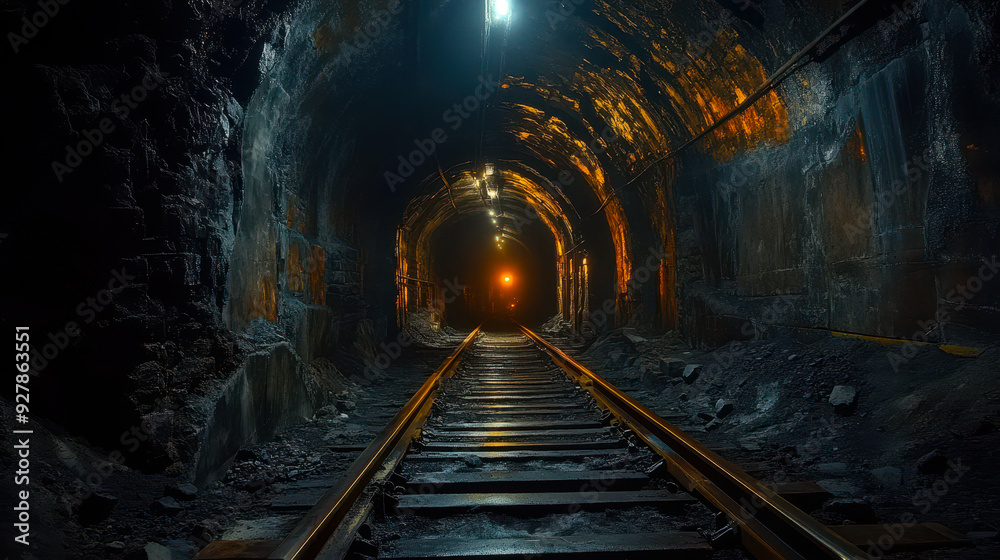Dimly Lit Modern Coal Mine Gallery with Railway Tracks, Narrow Tunnels & Mining Infrastructure, Industrial Underground Environment Inside Active Coal Mine Dimly Lit Modern Coal Mine Gallery with Railway Tracks, Narrow Tunnels & Mining Infrastructure, Industrial Underground Environment Inside Active Coal Mine