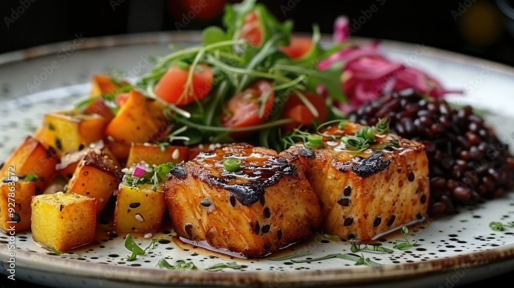 A colorful and nutritious plant-based meal, beautifully arranged on a plate, highlighting vegan cuisine A colorful and nutritious plant-based meal, beautifully arranged on a plate, highlighting vegan cuisine