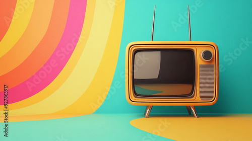 Vintage yellow analog tv on a retro colorful background.