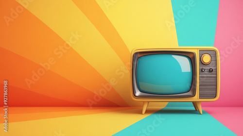 Vintage analog yellow tv on a retro colorful background.