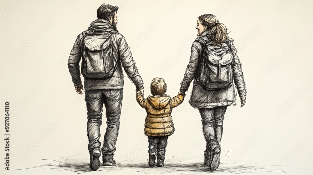 A heartwarming hand-drawn illustration capturing a family moment where two parents and their child walk hand-in-hand. A heartwarming hand-drawn illustration capturing a family moment where two parents and their child walk hand-in-hand.