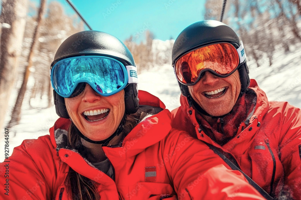 Happy couple in red ski gear, taking a selfie on a ski lift with snow-covered trees Happy couple in red ski gear, taking a selfie on a ski lift with snow-covered trees