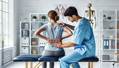  A physical therapist assists an elderly man with leg rehabilitation.