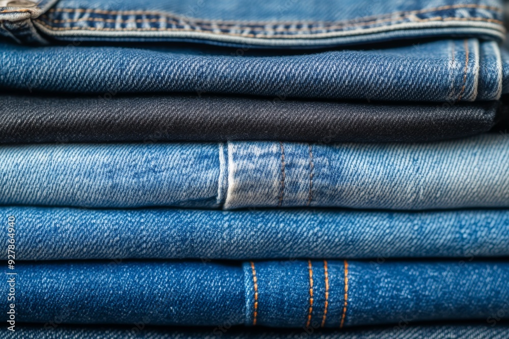 Stacked denim jeans highlighting detailed textures and stitching in a retail store Stacked denim jeans highlighting detailed textures and stitching in a retail store