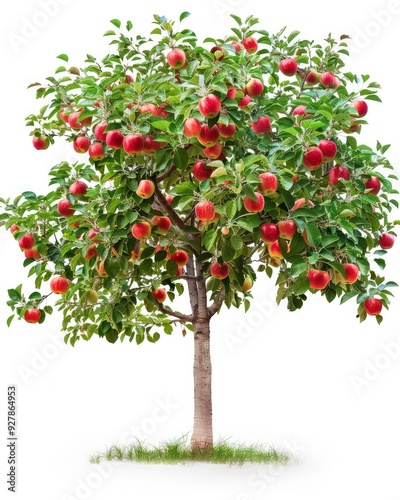 A realistic apple tree with a wide trunk, large apples, and big leaves, set against a plain white background, showcasing natural beauty and detail.