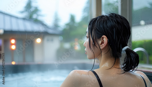 A woman is sitting in a hot tub with her hair wet. Scene is relaxed and calming