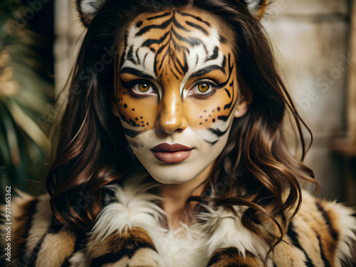 Pretty Woman With wild tiger make up, Masquerade, Carnival, Holiday, Halloween, Animal Day, animal rights concept, Image, make-up, costume