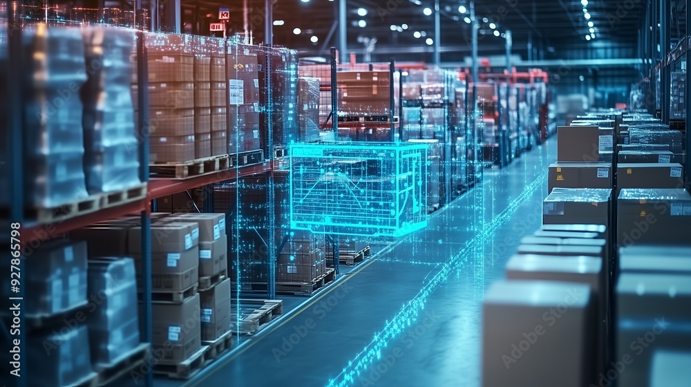 Fototapeta premium A warehouse aisle with shelves full of cardboard boxes with a digital outline of a forklift in the foreground.