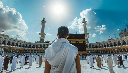 A man stands in front of a large building with many people around him. The man is wearing a white robe and a turban. Scene is peaceful and serene, as the man