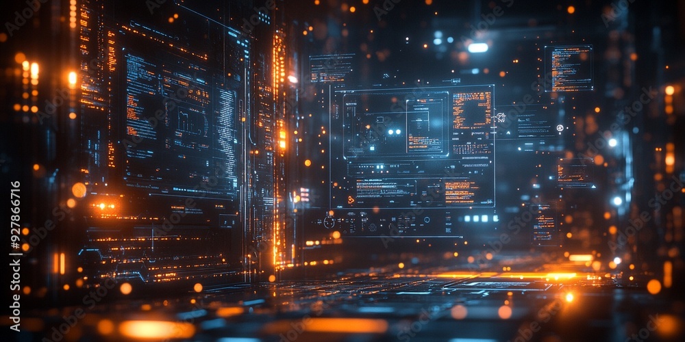 Fototapeta premium Futuristic Digital Platform with Floating Code and Data Elements in a Blue and Orange Theme