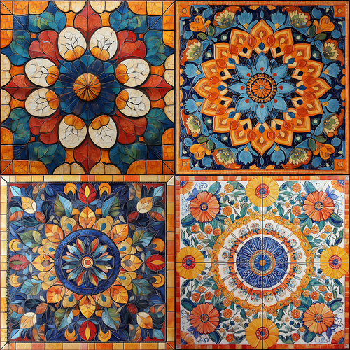 An intricate mandala composed of bright, hand-painted ceramic tiles in a range of warm colors.