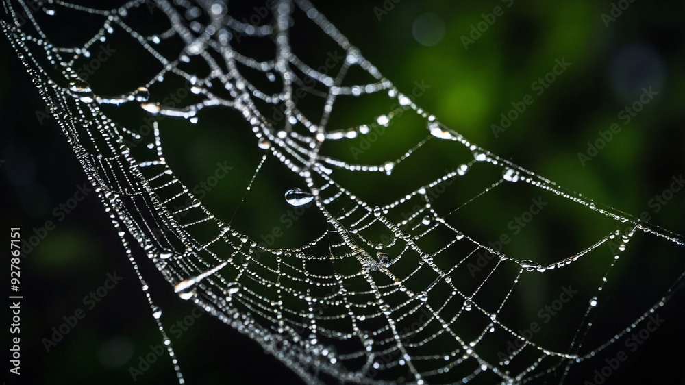 Naklejka premium Dew-covered spider web glistening in the morning light with intricate, delicate design.
