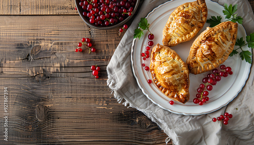 Fresh baked pasties with currant on plate on table close-up photo