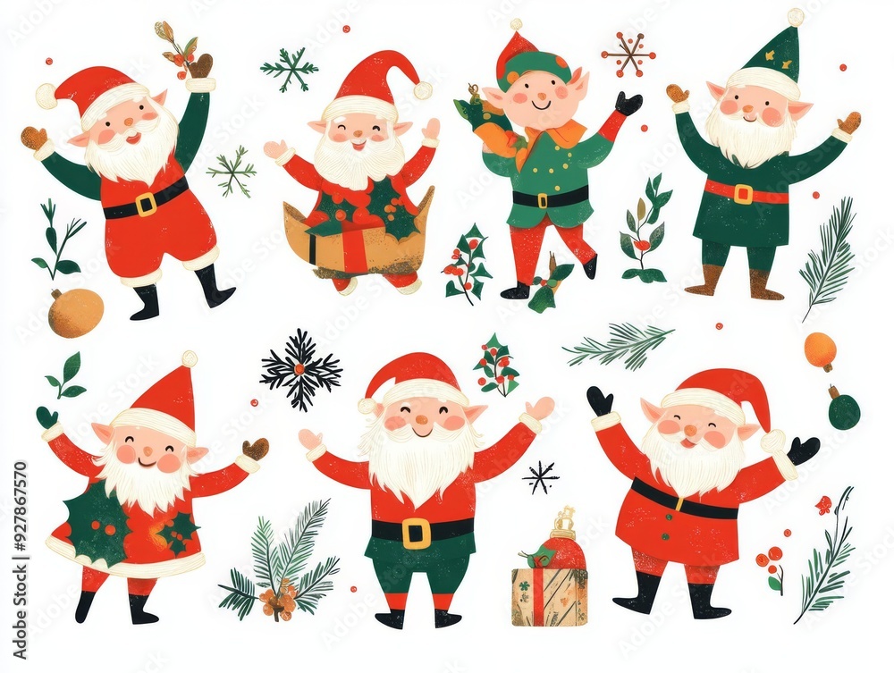 A set of Santa Claus with elves, teamwork and joy, festive and bright, flat , isolated on white background A set of Santa Claus with elves, teamwork and joy, festive and bright, flat , isolated on white background