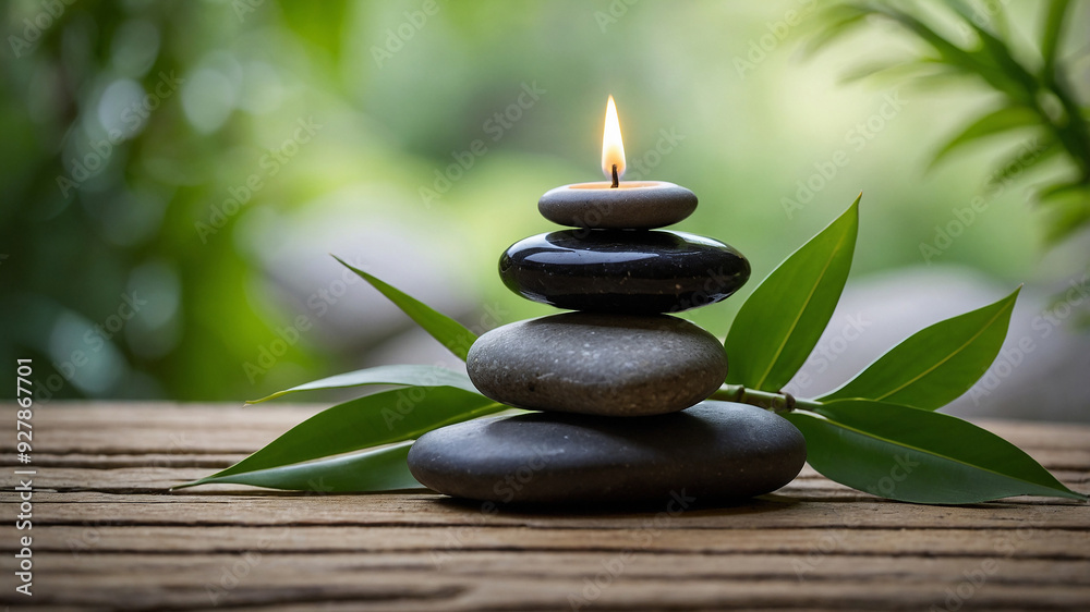 Obraz premium Balanced stones and a lit candle with green leaves in a calming natural Zen garden, perfect for relaxation.