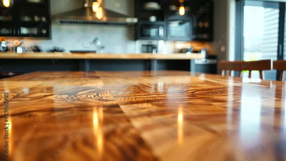 Close-up of a finely polished maple table, with the soft blur of a kitchen filled with sleek, contemporary designs and high-end appliances Close-up of a finely polished maple table, with the soft blur of a kitchen filled with sleek, contemporary designs and high-end appliances