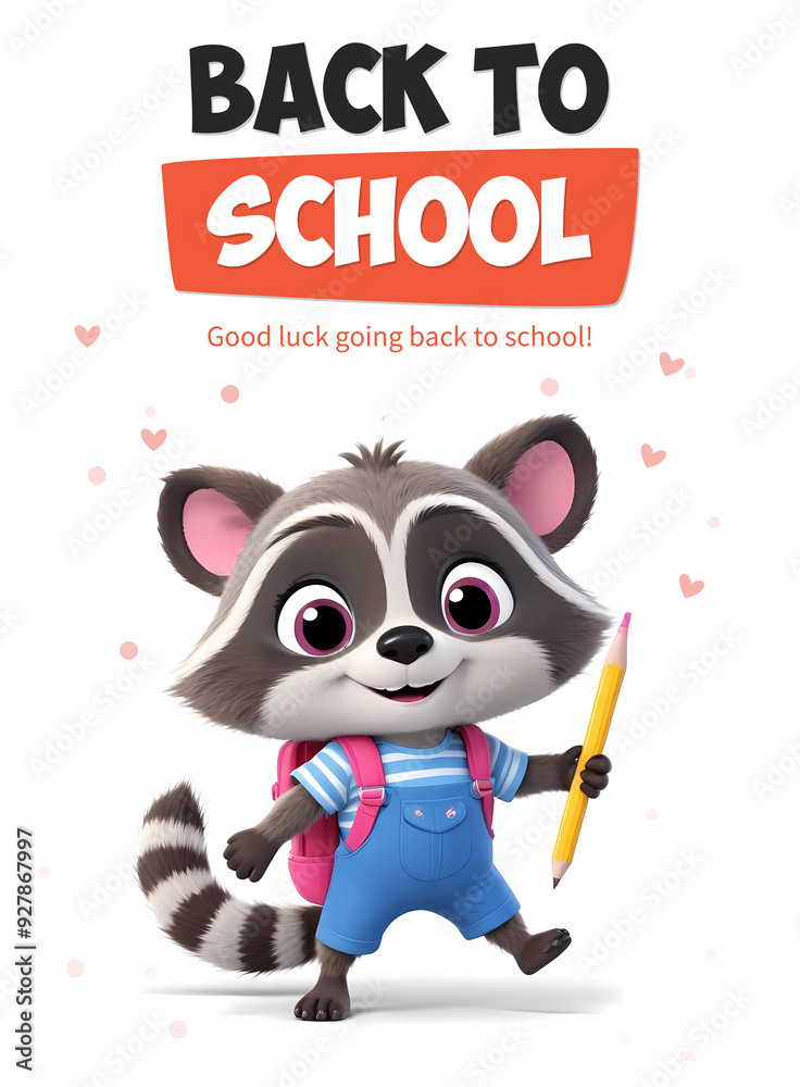 Back to school poster with cute cartoon raccoon with backpack and holding pencil Back to school poster with cute cartoon raccoon with backpack and holding pencil