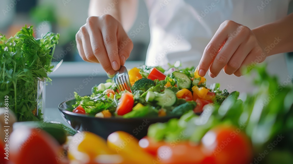 Close-up of hands preparing a vibrant salad with fresh vegetables in a modern kitchen, featuring greens, ripe tomatoes, and a variety of fresh produce.
Close-up of hands preparing a vibrant salad with fresh vegetables in a modern kitchen, featuring greens, ripe tomatoes, and a variety of fresh produce.