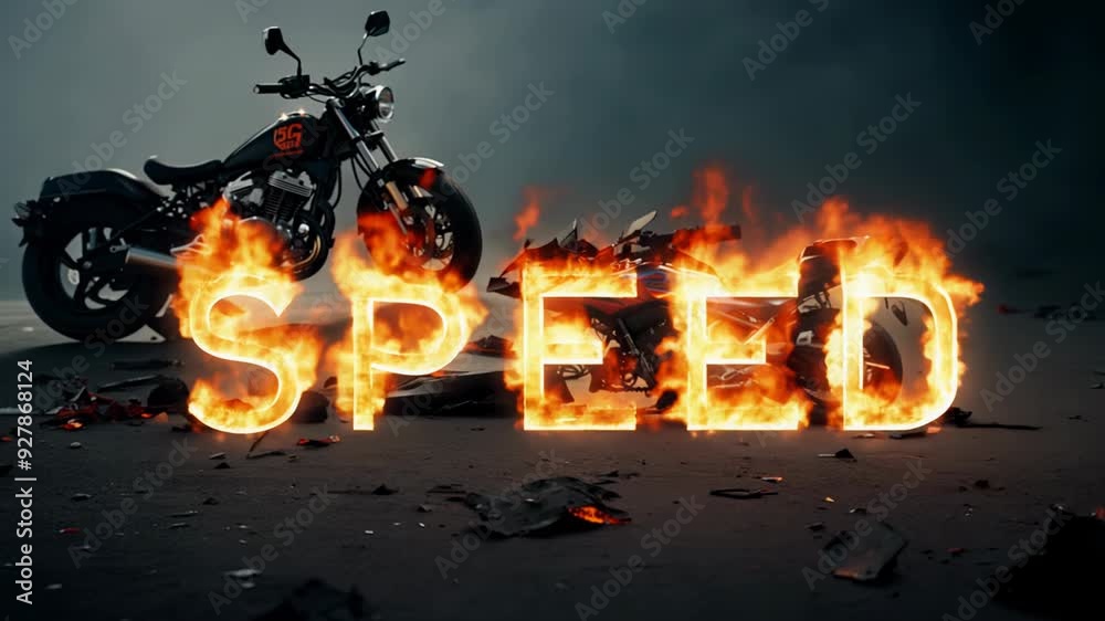 A motorcycle wrecked in an accident lies on the asphalt. The word SPEED is burning with flames, a warning against violating traffic laws.