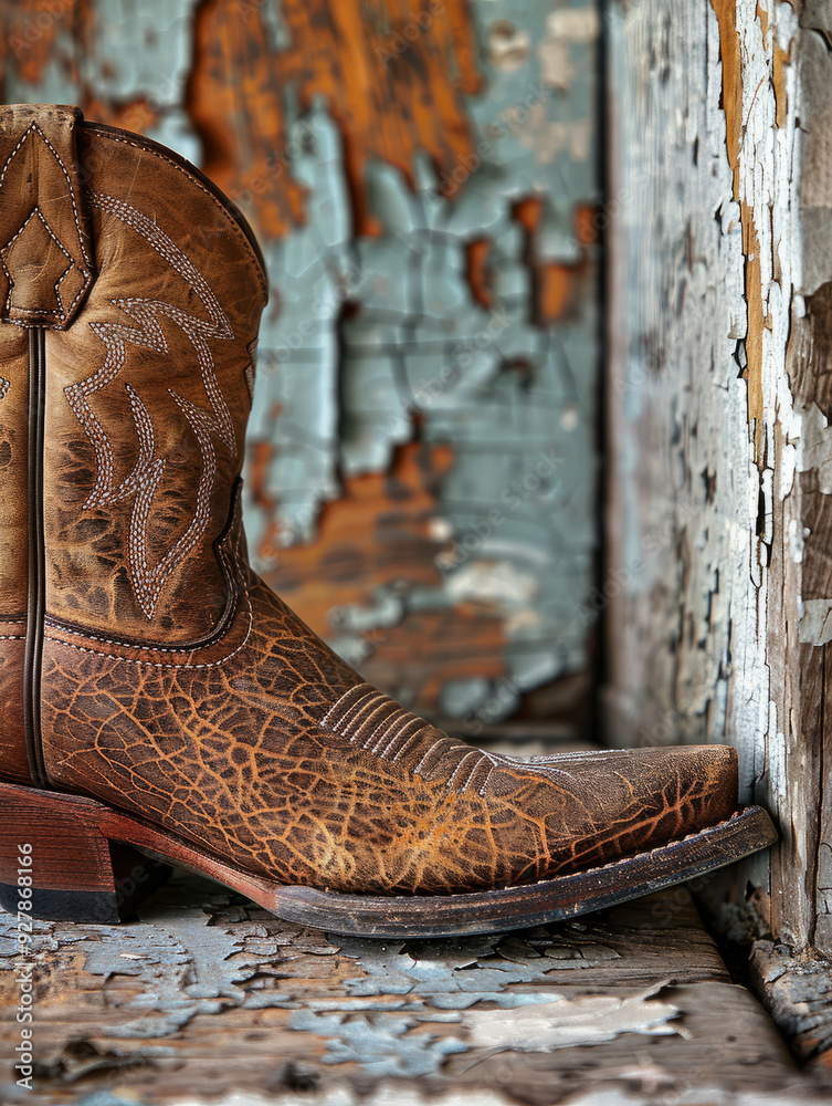 Brown cowboy boot in front of a weathered wooden background. Brown cowboy boot in front of a weathered wooden background.