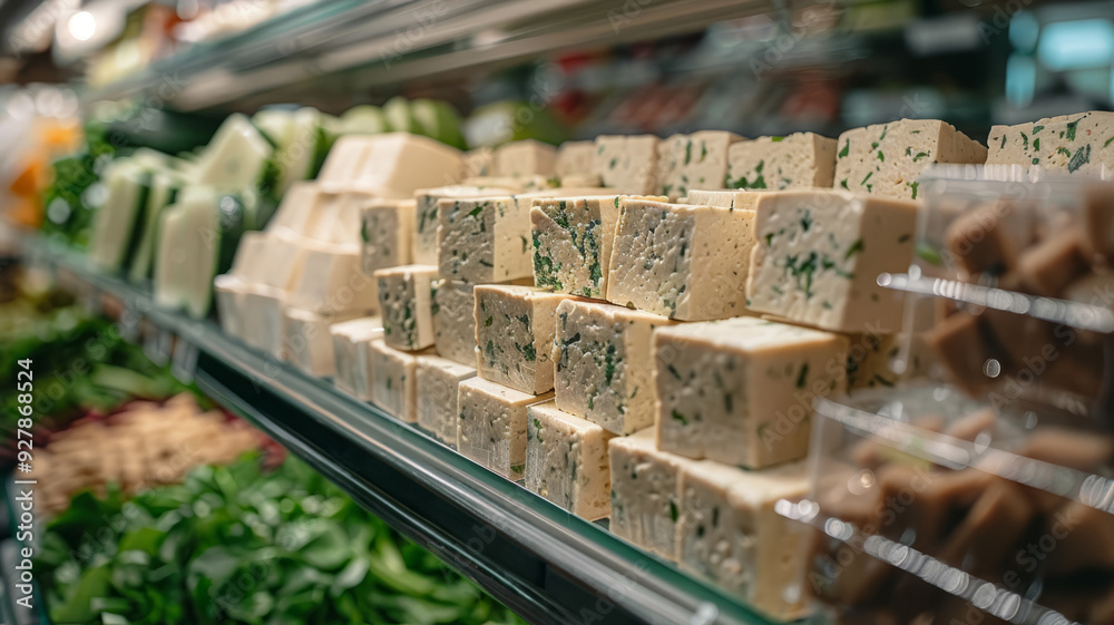 Stacks of fresh tofu on display at a grocery store. Stacks of fresh tofu on display at a grocery store.