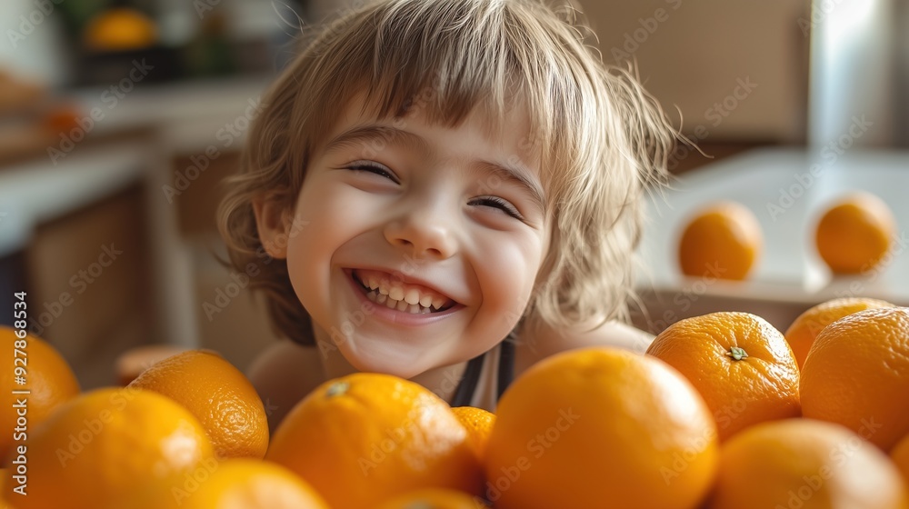 A cheerful child smiling and surrounded by oranges A cheerful child smiling and surrounded by oranges
