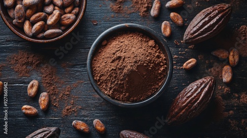 Fototapeta Naklejka Na Ścianę i Meble -  Cacao beans, cocoa powder, and cacao pods on wooden surface. 