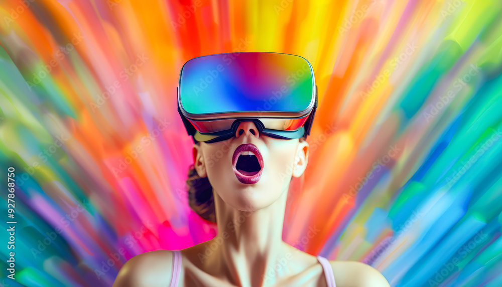 A woman wearing a virtual reality headset is screaming. The background is a colorful, abstract painting. Scene is intense and exciting, as the woman is fully immersed in the virtual world A woman wearing a virtual reality headset is screaming. The background is a colorful, abstract painting. Scene is intense and exciting, as the woman is fully immersed in the virtual world
