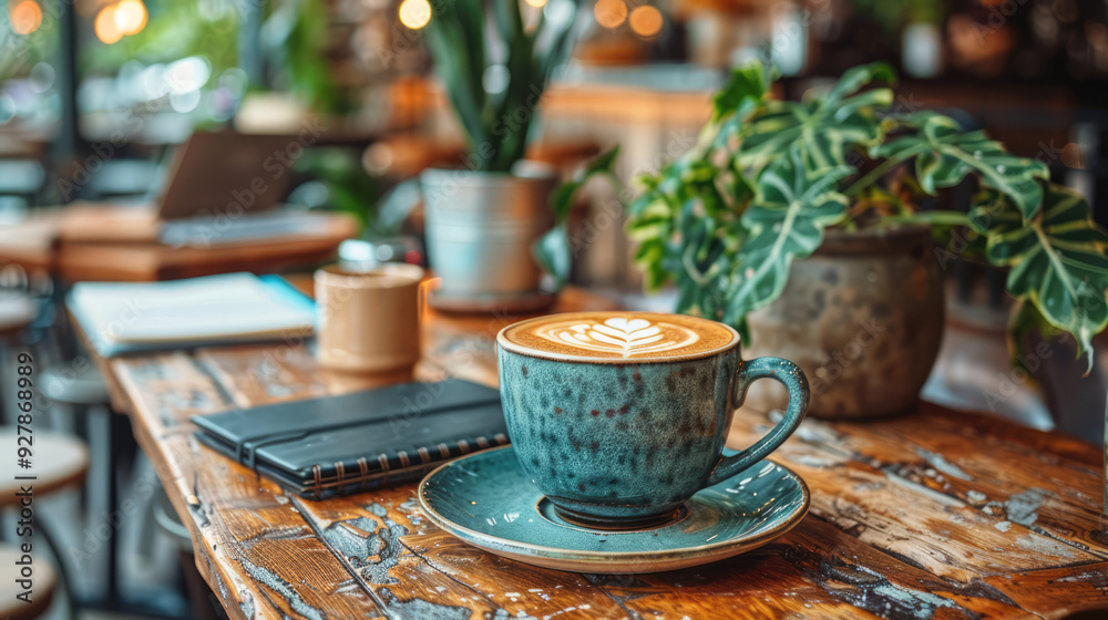 A cozy cafe scene with a digital nomad engaged in remote work, surrounded by coffee and notebooks A cozy cafe scene with a digital nomad engaged in remote work, surrounded by coffee and notebooks