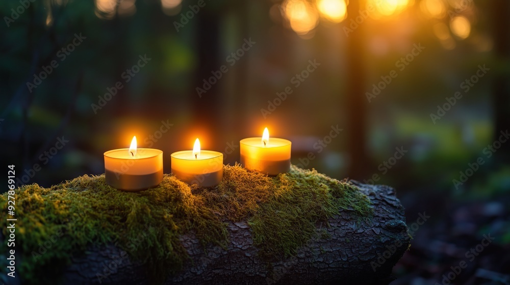 Four candles burning brightly on a moss-covered log Four candles burning brightly on a moss-covered log