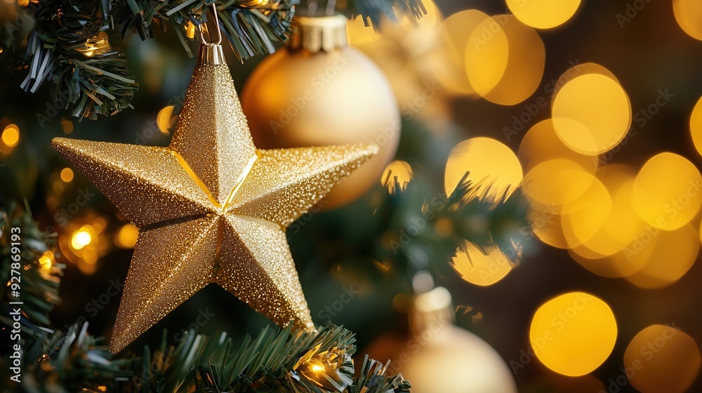 Golden star ornaments decorate a Christmas tree Golden star ornaments decorate a Christmas tree