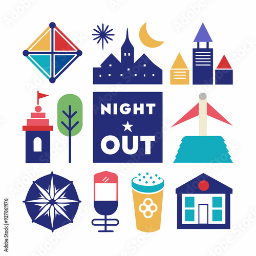 Colorful icons with the words night out in the middle