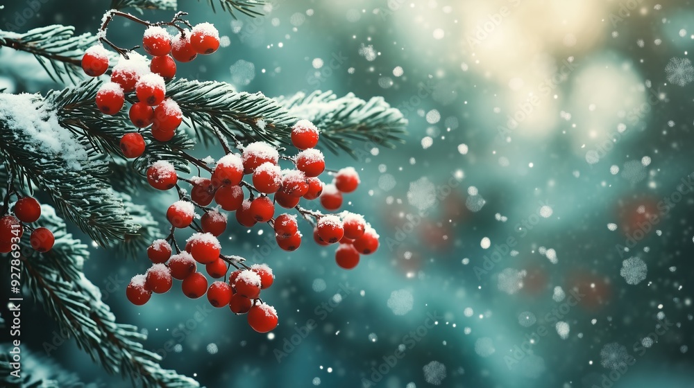 Snow-covered red berries on a pine branch