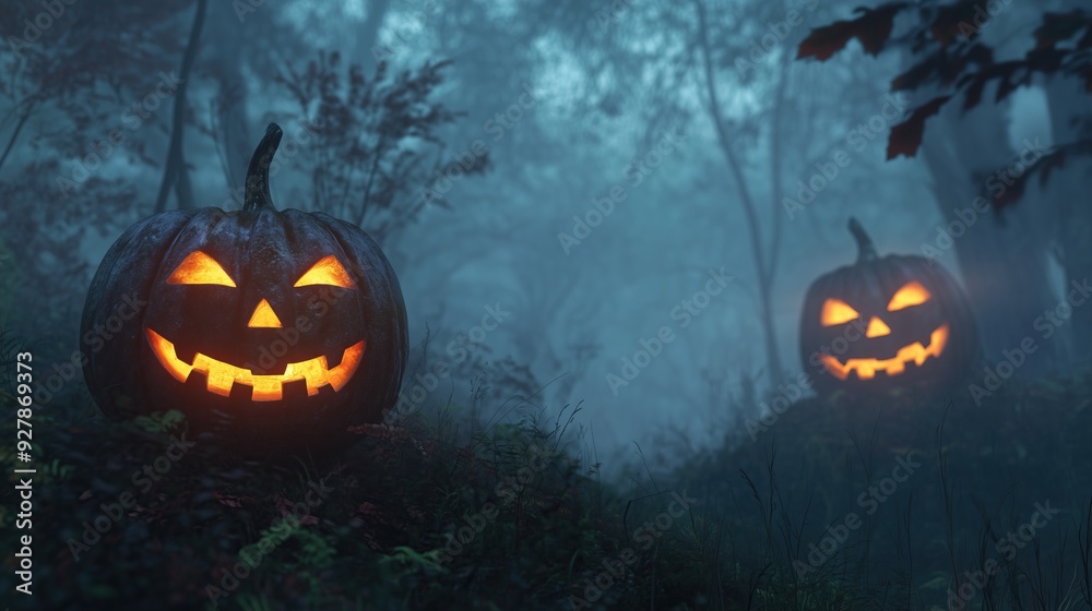 Two jack-o'-lanterns with glowing faces in a foggy forest Two jack-o'-lanterns with glowing faces in a foggy forest