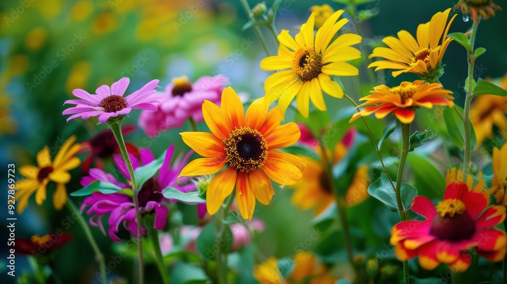 Close-up of vibrant summer flowers in full bloom, including sunflowers, zinnias, and daisies, creating a lively and joyful summer atmosphere. Close-up of vibrant summer flowers in full bloom, including sunflowers, zinnias, and daisies, creating a lively and joyful summer atmosphere.