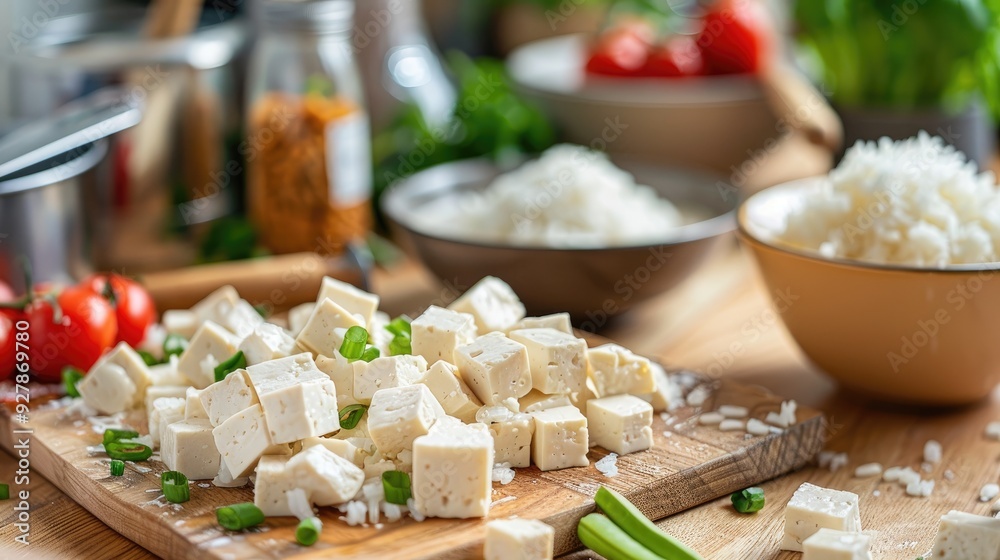 Diced tofu on wooden board with rice and raw ingredients in background Selective Focus on tofu front Diced tofu on wooden board with rice and raw ingredients in background Selective Focus on tofu front