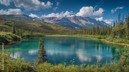 Serene Emerald Lake Landscape: Tranquil Waters Surrounded by Lush Forests and Towering Mountains